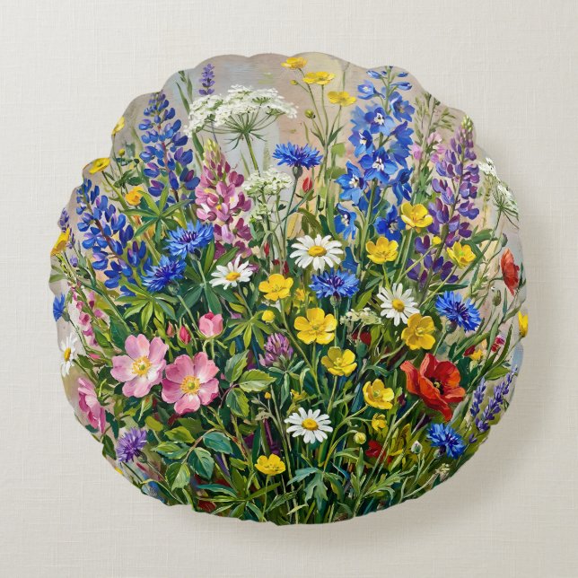 Summer Meadow Wildflowers Round Cushion (Front)