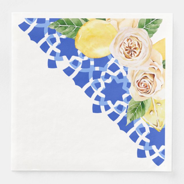 Summer Mediterranean blue tile and lemons print  Napkin (Front)