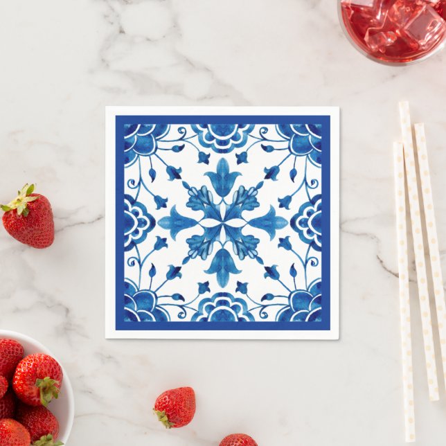 Summer Mediterranean flower tile print  Napkin (Insitu)