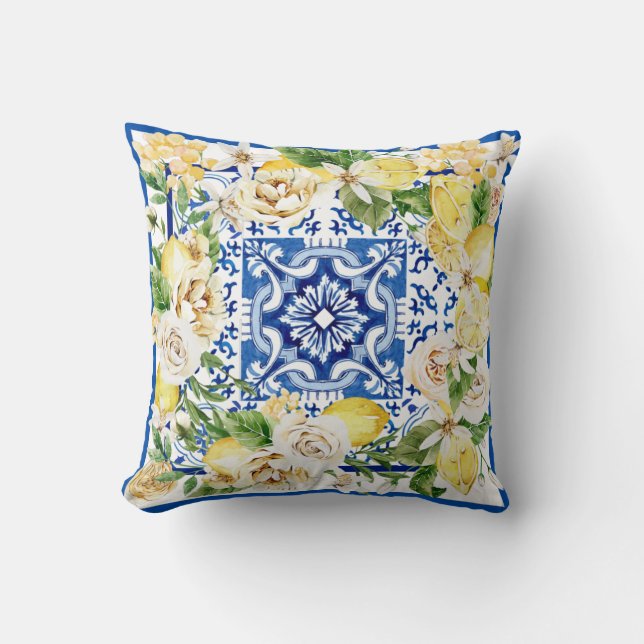 Summer Mediterranean lemon and flowers print  Cushion (Front)