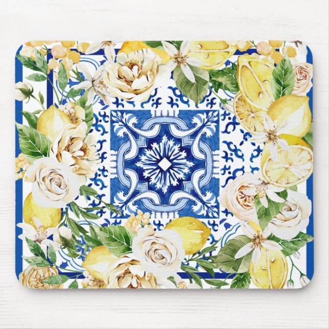 Summer Mediterranean lemon and flowers print  Mouse Pad (Front)