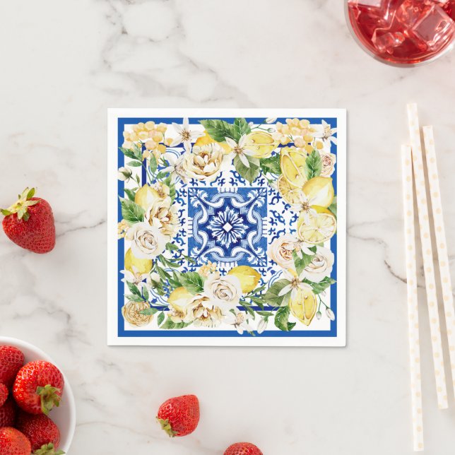 Summer Mediterranean lemon and flowers print  Napkin (Insitu)