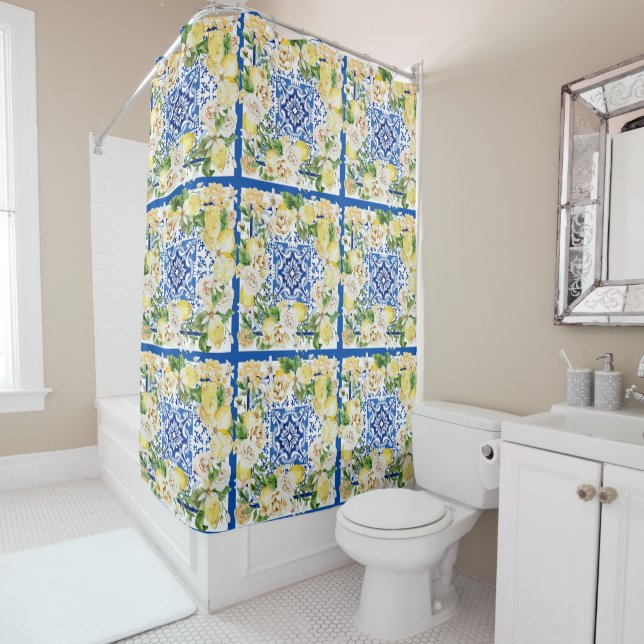 Summer Mediterranean lemon and flowers print    Shower Curtain (In Situ)