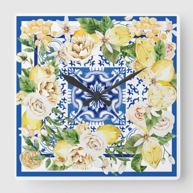 Summer Mediterranean lemon and flowers print    Square Wall Clock (Front)