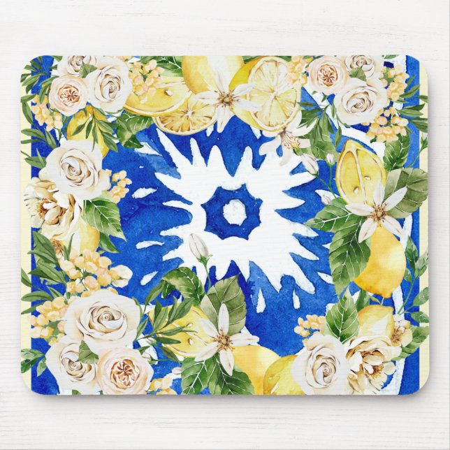 Summer Mediterranean lemon and flowers tile print  Mouse Pad (Front)