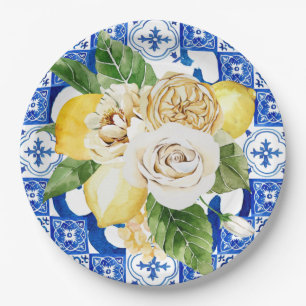Summer Mediterranean Lemon Blue Tile Print Paper  Plate