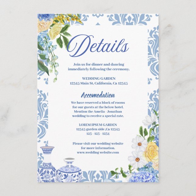 Summer Mediterranean lemon Wedding details Enclosure Card (Front)