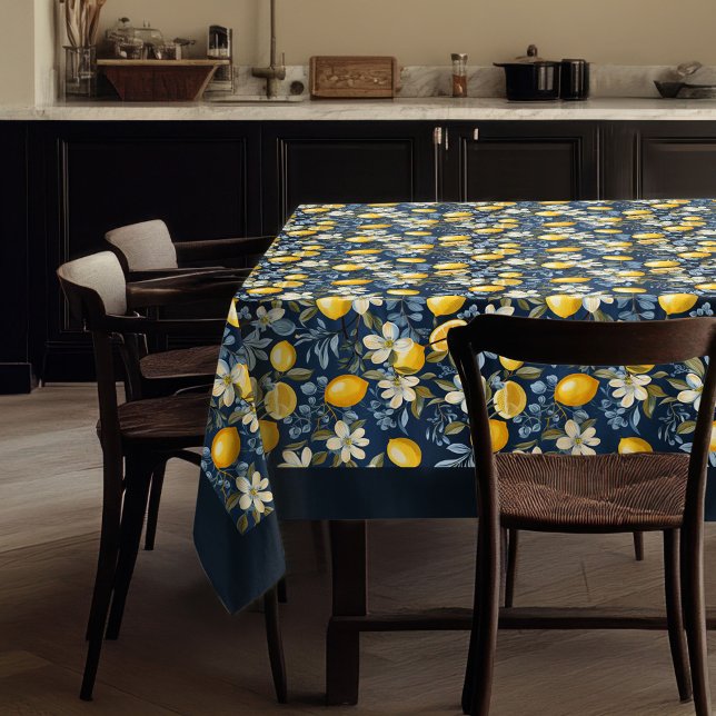 Summer Mediterranean yellow lemons navy blue Tablecloth (Summer Mediterranean yellow lemons navy blue Tablecloth)