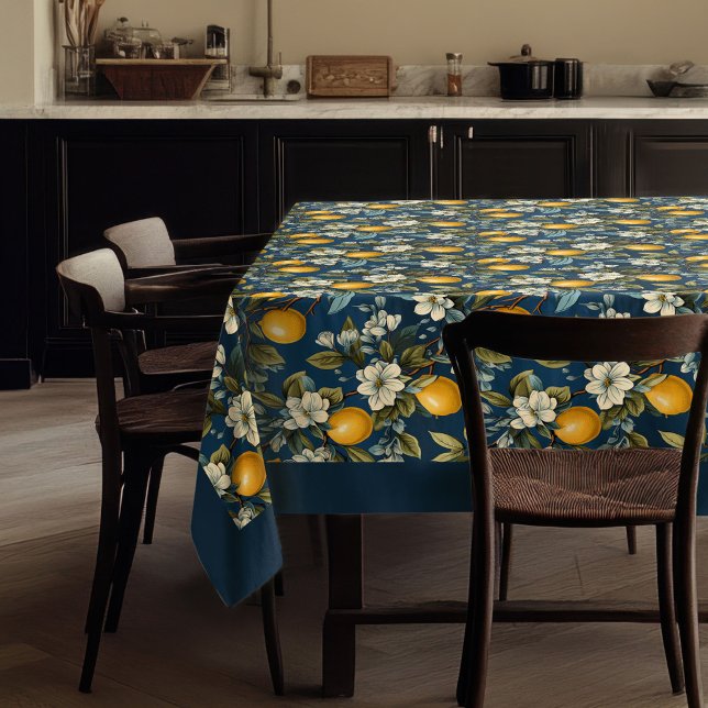 Summer Mediterranean yellow lemons navy blue Tablecloth (Summer Mediterranean yellow lemons navy blue Tablecloth)