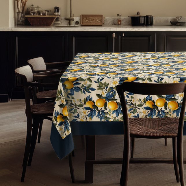 Summer Mediterranean yellow lemons navy blue Tablecloth (Summer Mediterranean yellow lemons navy blue Tablecloth)