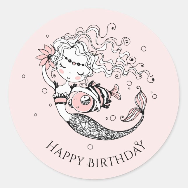Summer Mermaid Girls Birthday Pink Classic Round Sticker (Front)