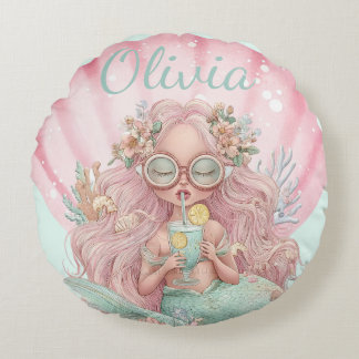 Summer Mermaid Seashell Lovers Name  Round Cushion