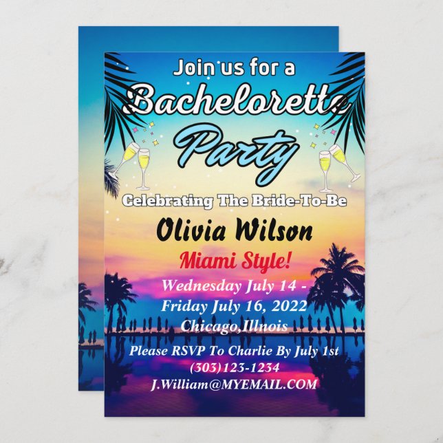 Summer Miami Weekend Beach Bachelorette Party  Invitation (Front/Back)