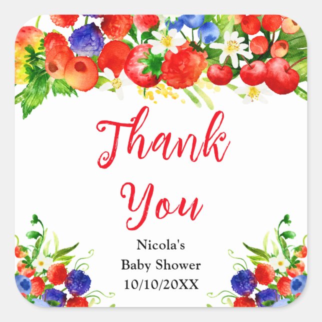 Summer Mixed Berries Baby Shower Thank You Square Sticker (Front)