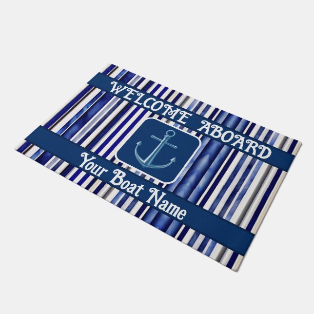 Summer Modern Navy Blue Boat Stripes Collection Doormat (Angled)