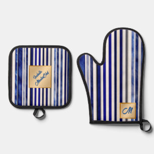 Summer Modern Navy Blue Boat Stripes Collection Oven Mitt & Pot Holder Set