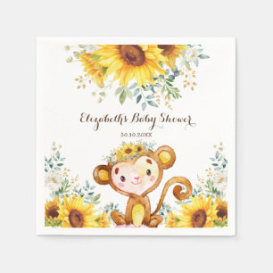 Summer Monkey Watercolor Sunflower Baby Shower Napkin
