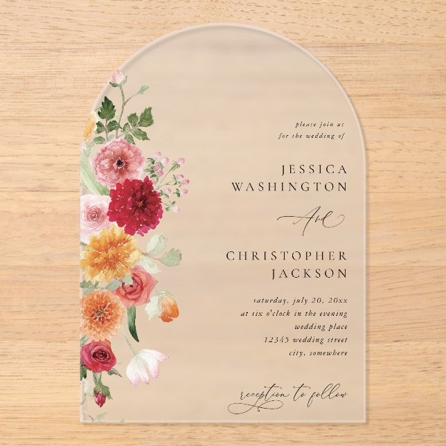 Summer Multi Colour Floral Arc Acrylic Invitations (Front)