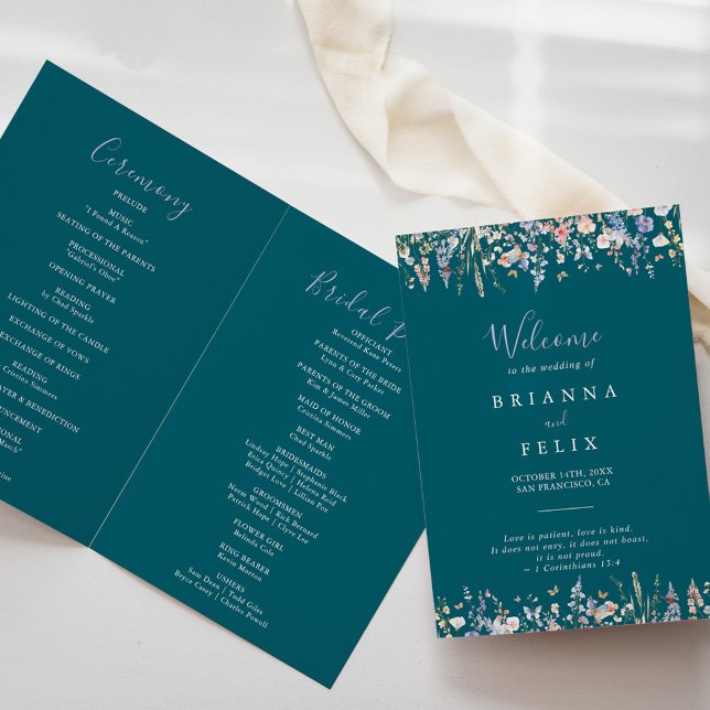 Summer Multicolor Wildflower Green Folded Wedding Programme (Creator Uploaded)