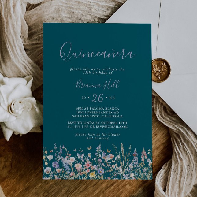 Summer Multicolor Wildflower Green Quinceañera Invitation (Creator Uploaded)