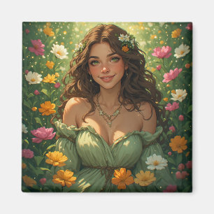 Summer Nature Goddess Nymph in Green Gown Flowers Magnet