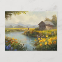 Summer Nature House Postcard Watercolor
