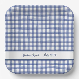 Summer Nautical Blue Gingham, Chequered July 4th Paper Plate