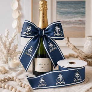 Summer Nautical Ocean Beach Navy Blue Ship Anchor Satin Ribbon