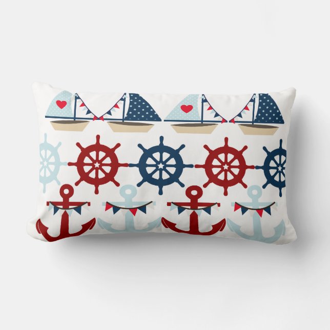 Summer Nautical Theme Anchors Sail Boats Helms Lumbar Cushion (Front)