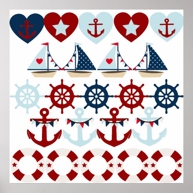 Summer Nautical Theme Anchors Sail Boats Helms Poster (Front)