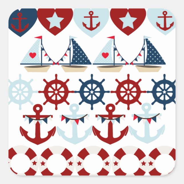 Summer Nautical Theme Anchors Sail Boats Helms Square Sticker (Front)