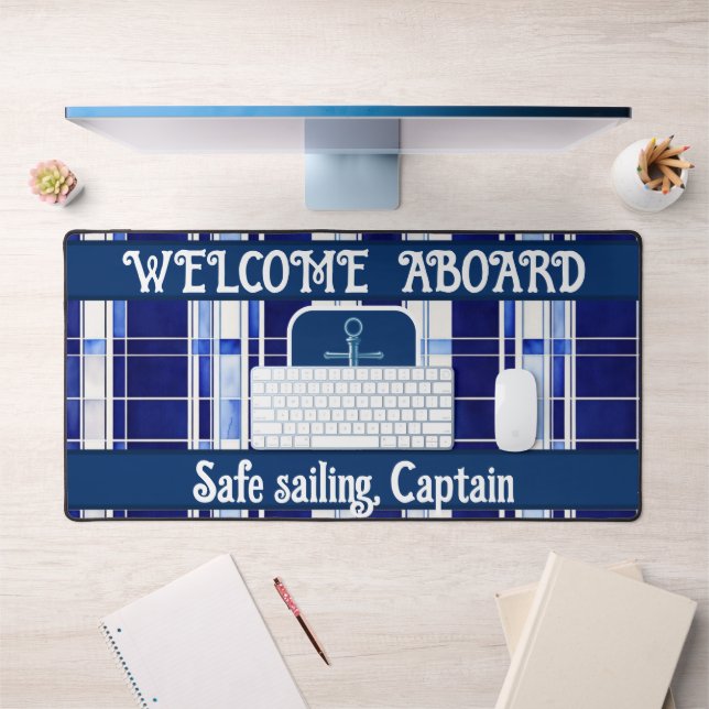 Summer Navy Blue Boat Modern Stripes Collection Desk Mat (Office 1)