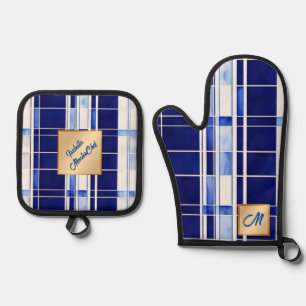 Summer Navy Blue Boat Modern Stripes Collection Oven Mitt & Pot Holder Set