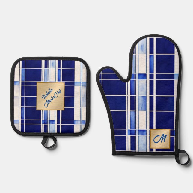 Summer Navy Blue Boat Modern Stripes Collection Oven Mitt & Pot Holder Set (Front)
