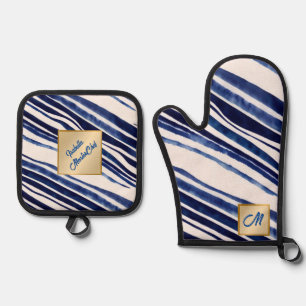 Summer Navy Blue Boat Popular Stripes Collection Oven Mitt & Pot Holder Set