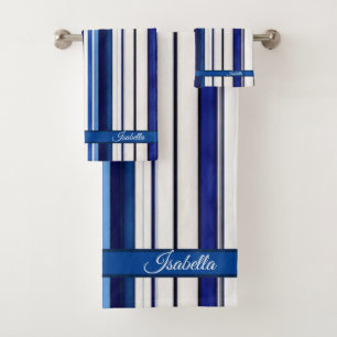 Summer Navy Blue Boat Trendy Stripes Collection Bath Towel Set