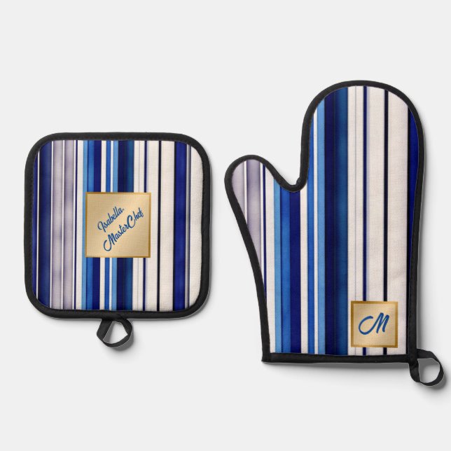 Summer Navy Blue Boat Trendy Stripes Collection Oven Mitt & Pot Holder Set (Front)