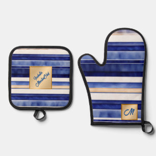 Summer Navy Blue Modern Boat Stripes Collection Oven Mitt & Pot Holder Set