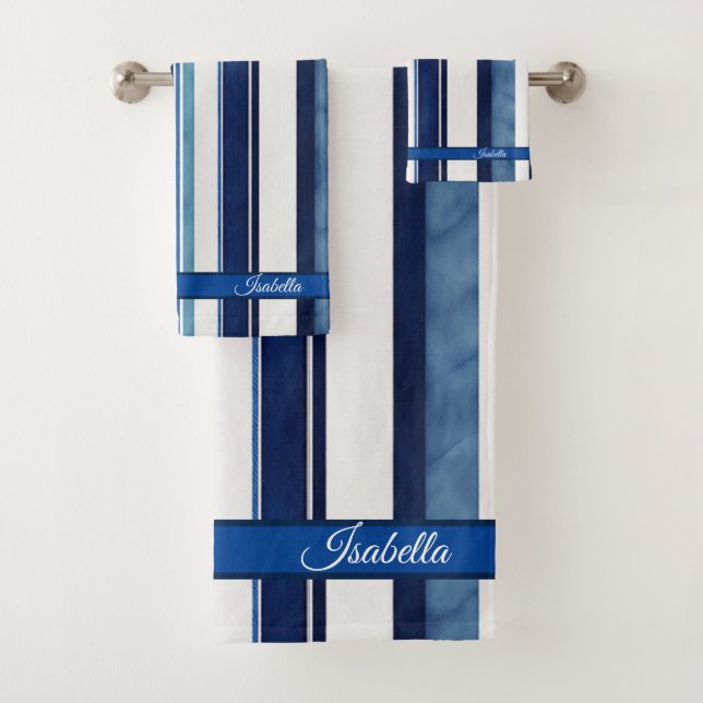 Summer Navy Blue Popular Boat Stripes Collection Bath Towel Set (Insitu)
