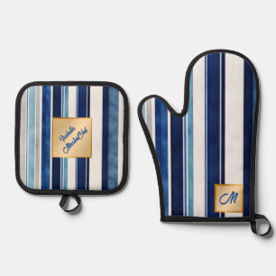 Summer Navy Blue Popular Boat Stripes Collection Oven Mitt & Pot Holder Set