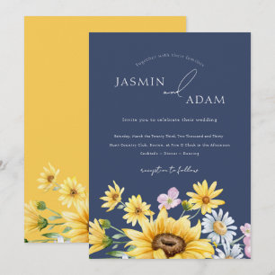 Summer Navy Blue Sunflower Floral Wedding Invitation