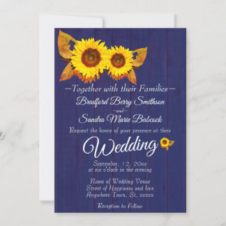 Summer Navy Blue Wood Sunflower s Rustic Wedding Invitation