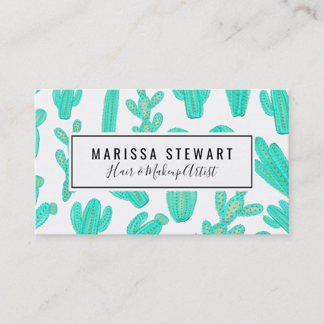 Summer Neon Teal Green Tropical Cactus Plants Business Card (Front)