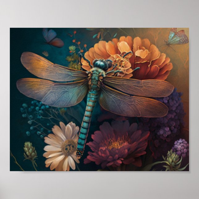 Summer Night Midnight Dragonfly Flower  Poster (Front)