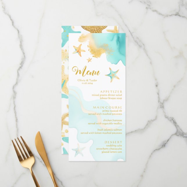Summer Ocean Coastal Starfish Beach Wedding  Menu (Front/Back In Situ)