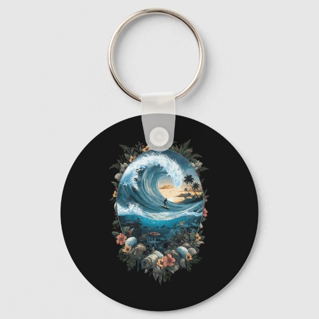Summer Ocean Wave Surfing Tropical Beach Reef  Key Ring (Front)