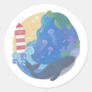 Summer Ocean Whale Turtle & Lighthouse Classic Round Sticker