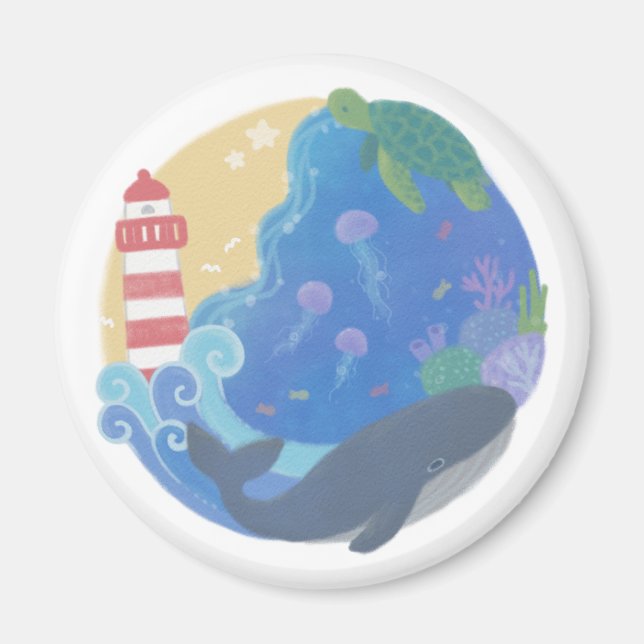 Summer Ocean Whale Turtle & Lighthouse Magnet (Front)