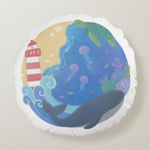 Summer Ocean Whale Turtle & Lighthouse Round Cushion