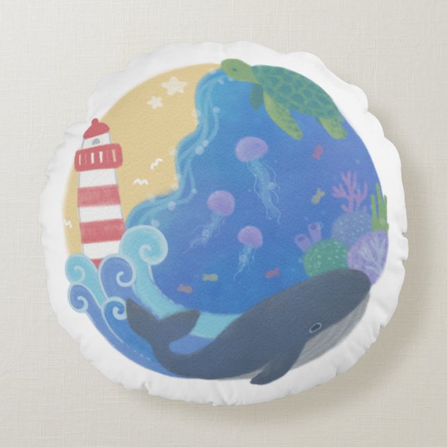 Summer Ocean Whale Turtle & Lighthouse Round Cushion (Front)